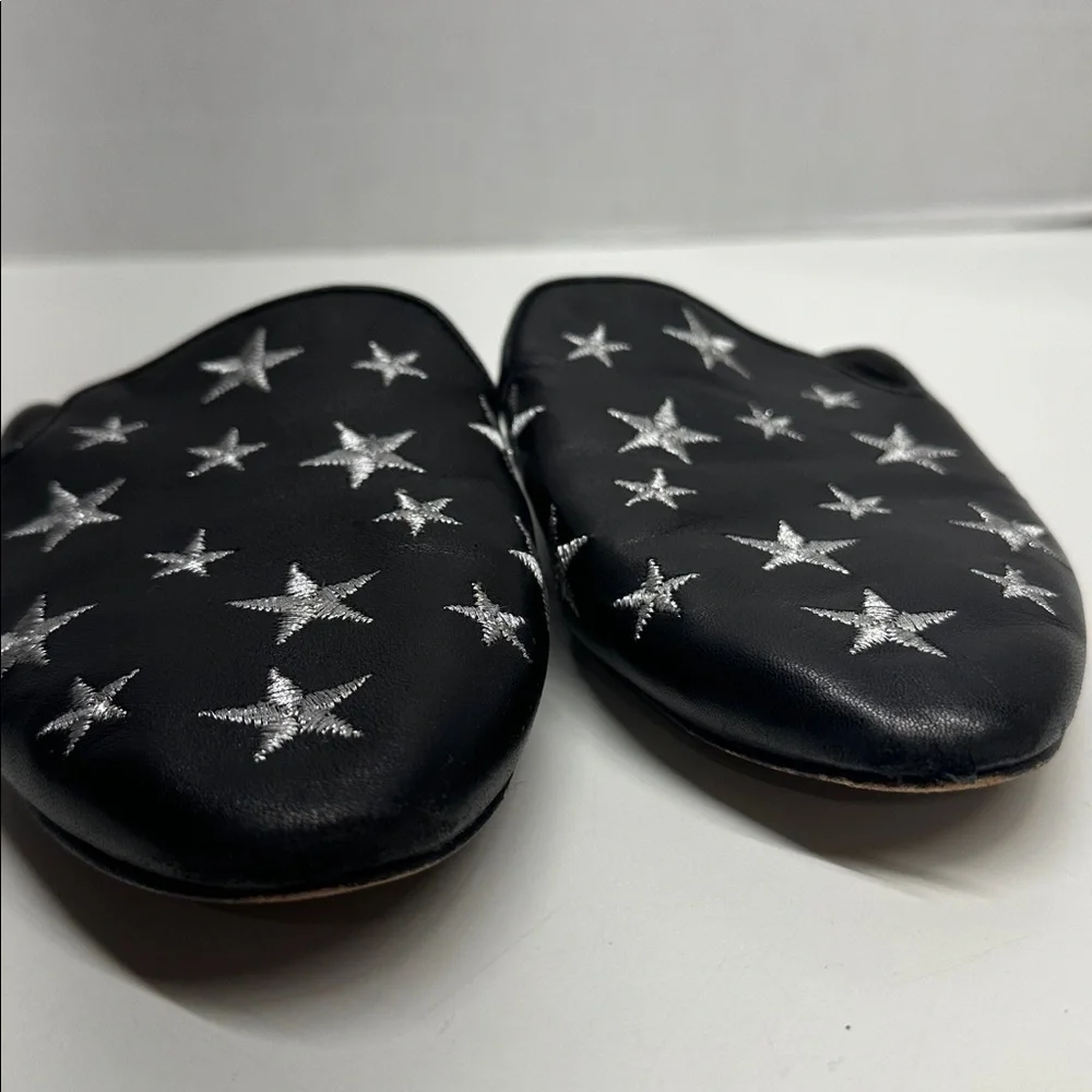 Kate Spade Mules Slides Leather Shoes Stars Embroidered Slip On Silver Black 6